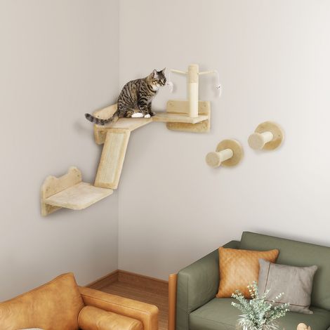 Katzen Kletterwand Set mit Kratzpfosten, Sprungplattformen und Spielbällen, zum Klettern und Ausruhen, Beige