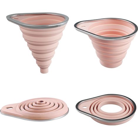 Lot de 2 entonnoirs pliables en silicone (grand + petit) – Entonnoir de cuisine pliable avec bord en acier métallique pour huile, bière et transfert de liquide alimentaire (rose) (1/5)