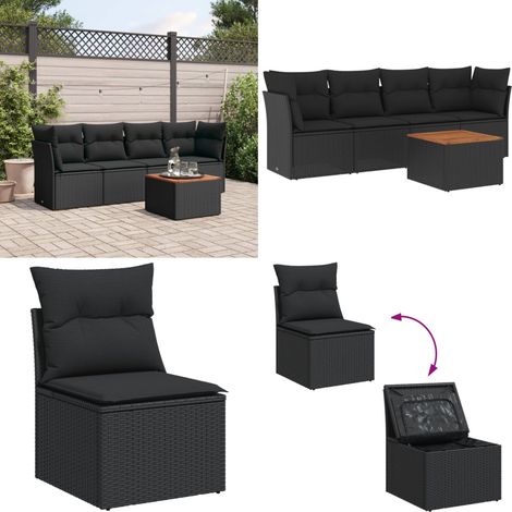 Salon de jardin 5 pcs avec coussins noir résine tressée - Ensemble Salon De Jardin - Mobilier De Jardin - Canapé Extérieur - Table Basse Jardin - Chaise Lounge - Home & Living