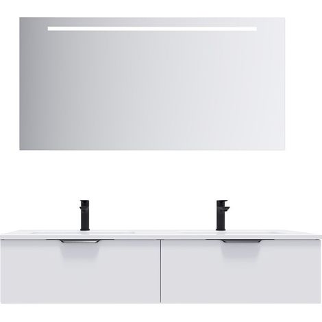 Meuble de salle de bain suspendu double vasque intégrée 140cm 2 tiroirs Blanc + miroir - Soho (1/5)