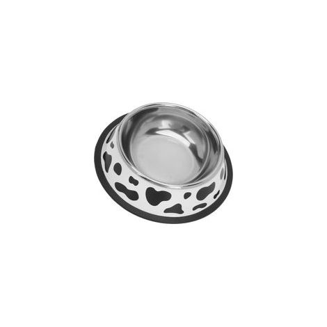 Runder Edelstahl-Hundenapf mit Kuhmotiv und Gummiboden, geeignet für kleine Katzen und Hunde (Bodendurchmesser 22 cm). – Crezuo