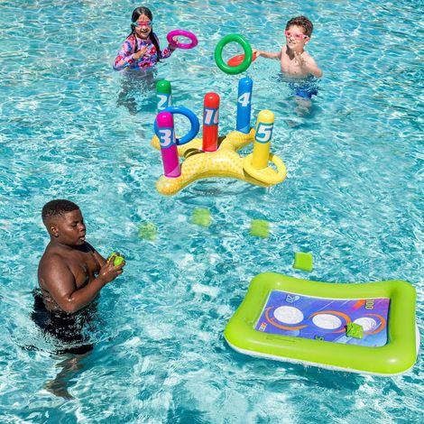 Jeu de lancer d'anneaux gonflables pour piscine, 3 ensembles avec jeu de corn-hole et pompe à air, jeux aquatiques flottants pour enfants et adultes en été, accessoires de fête de piscine pour multi-j (1/5)