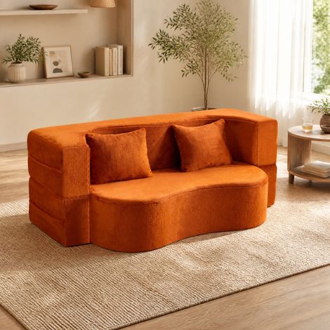 Canapé convertible en tissu peluche orange, pliable 2-en-1 sans montage (1/5)