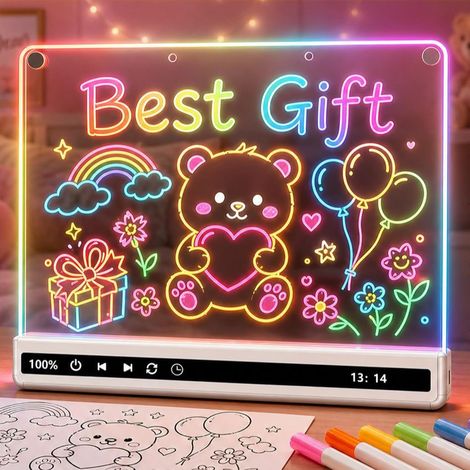 Tableau de dessin LED acrylique rechargeable RGB, tableau à message lumineux effaçable, 8 couleurs de lumière, 10 modes d'éclairage, avec 7 marqueurs, cadeau créatif pour enfant (1/5)