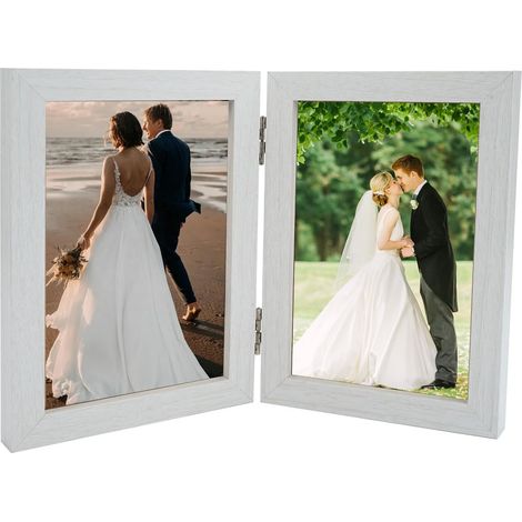 Cadre Photo Double 10x15cm, Cadres Photo Doubles Pliables Blanc Cadre Photo Bois, Double Multiple Pliable 2 Photos, Cadre en Bois Collage Pliable, pour Chambre à Coucher, Salon et Bureau (1/5)