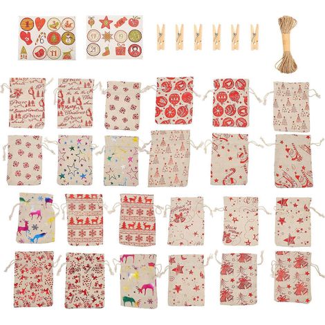 Lot de 24 sachets cadeaux à cordon pour bonbons et compte à rebours, parfaits pour ranger les biscuits de Noël-13x18CM (1/3)