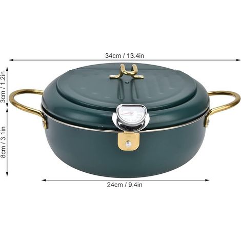 Friteuse de style japonais avec affichage de la température, en acier inoxydable, friteuses vert foncé et couvercle à grille de récupération d'huile, capacité d'huile de 3,4 l, 24 cm, vert foncé