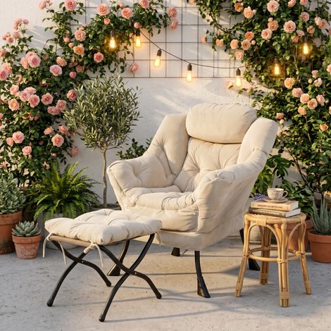 Poltrona con pouf 80x100x98 cm beige in tessuto e metallo con cuscino poggiatesta e tasca laterale (1/5)
