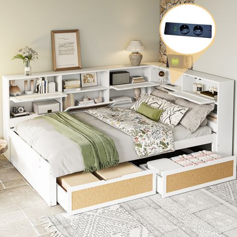 Canapé-lit 140/200 cm blanc en bois de pin et MDF avec rangements et prises intégrées (1/5)