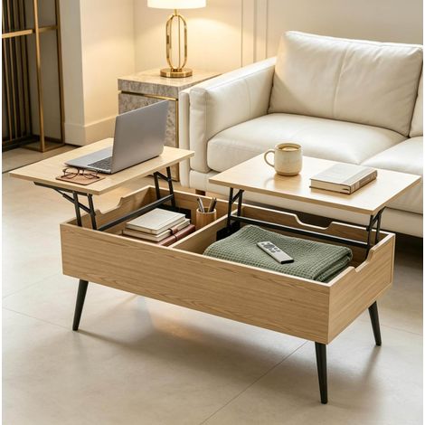 Table basse relevable avec rangement 100 x 50 cm, effet bois et noir, OKWISH (1/5)