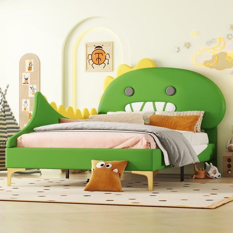 Lit enfant 90x200cm vert en forme de dinosaure, design ludique en PU, confortable et solide (1/5)