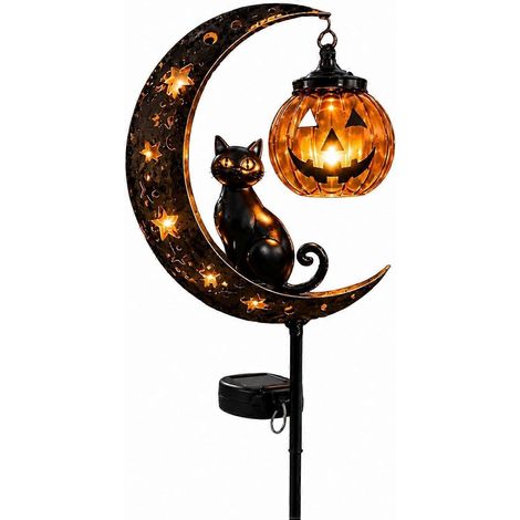 Lampe solaire à piquer jardin Chat noir Halloween & Lune citrouille Style A (1/5)