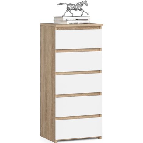 Akord – Commode enfant 5 tiroirs – Chêne sonoma et façade blanche – Dimensions 40x35x92 cm – Panneau stratifié de haute qualité (1/5)
