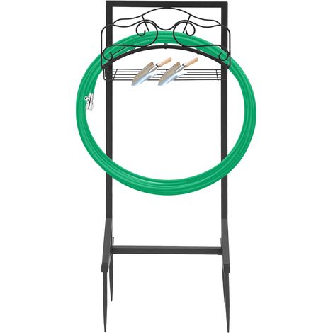 Support de Tuyau d'Arrosage, avec panier rangement, finition noire, Organiseur de Tuyau, Enrouleur de Tuyau Robuste en Métal, pour l'Extérieur de la Cour, Pelouse, Jardin (1/5)