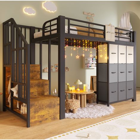 Letto a soppalco 90 x 200 cm con contenitori, scala e appendiabiti, nero/bianco DESVIAE (1/5)