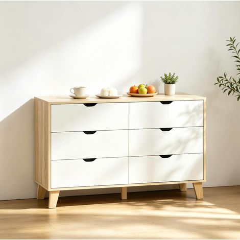 Cómoda blanca y roble de 6 cajones 120 x 40 x 76 cm DESVIAE (1/5)