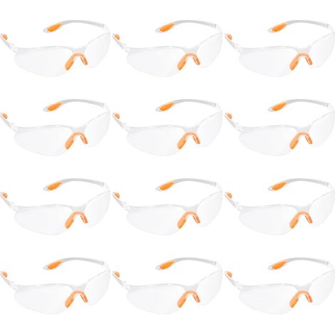 Paquete de 12 gafas de seguridad transparentes con inserto de goma en la nariz y las orejas. Gafas de seguridad para hombres, mujeres y niños. (1/5)