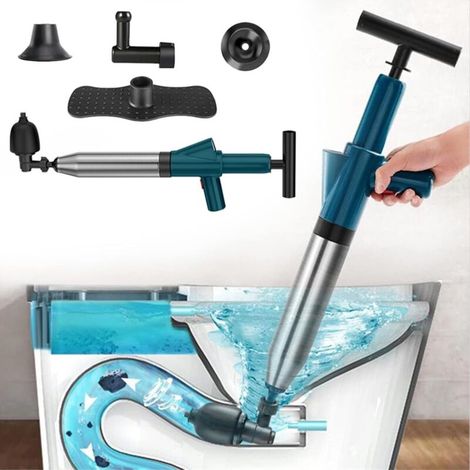 Déboucheur De Toilette Haute Pression Avec 4 Têtes Remplaçables Déboucheur À Pompe Wc Déboucheur De Canalisation Pour Toilettes, Évier Drain De Sol, Tuyau Obstrué Et Baignoire (Bleu) (1/5)