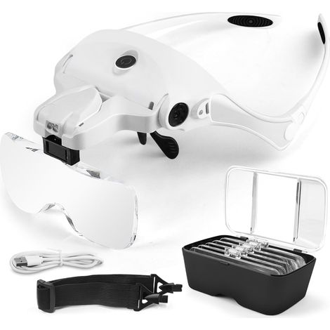 Lupas con luz de carga USB, 2 lupas LED, gran aumento para modelismo, reparación de joyas y relojes, 5 lentes intercambiables: 1.0X, 1.5X, 2.0X, 2.5X, 3.5X (1/5)