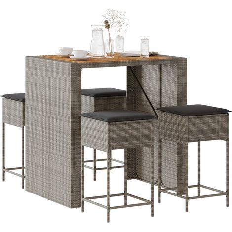5-tlg. Gartenbar-Set mit Kissen Grau Poly Rattan