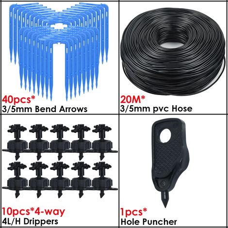 (KSL01-KIT029-4L-4WAY) Système d'irrigation goutte à goutte pour serre, 4 voies, 3/5 mm, 2 voies, avec émetteur fléché. Système d'arrosage automatique pour plantes en pot. (1/4)
