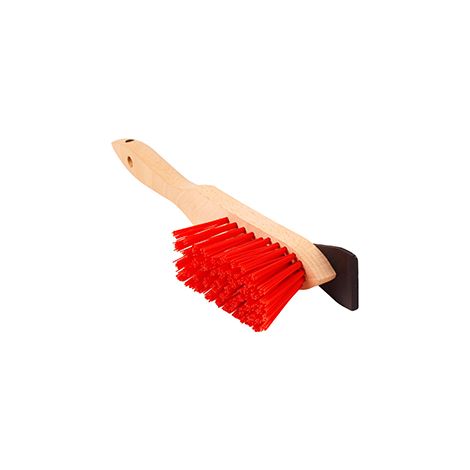 Reinigungsbürste für Rasenmäherroboter. Hartbürste und Gummischaber. Holzstiel.
