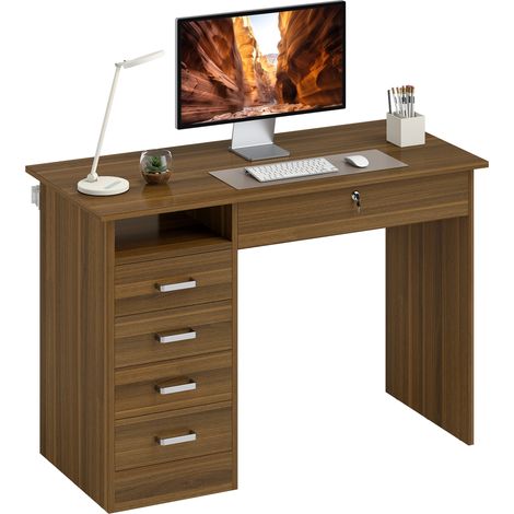 Bureau informatique - HOMCOM - 5 tiroirs - étagère ouverte, tiroir verrouillable - bois - 110 x 50 x 76 cm - noyer foncé (1/5)