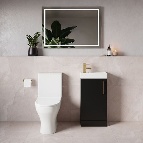 Napoli Cube Matt Black 400mm Single Door Vanity Unit and Jubilee Toilet Suite with Align Basin - 400mm - Brushed Brass 160mm Handle