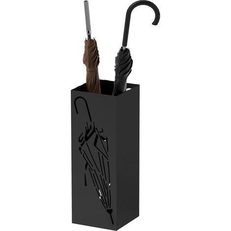 Metal Umbrella Stand, Square Umbrella Holder with 4 Hooks Removable Drip Tray, Decorative Umbrella Storage Rack for Entryway, Hallway, 15.5 x 15.5 x 41 cm, Black (1/5)