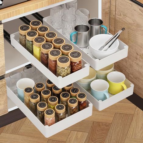 Organisateur de Tiroir Coulissant 4 Tailles – 13/18/23/27 x 40 cm, Rangement de Placard avec Glissières Silencieuses et Arrêt de Sécurité, Installation Adhésif ou Vis pour Cuisine, Blanc (1/5)