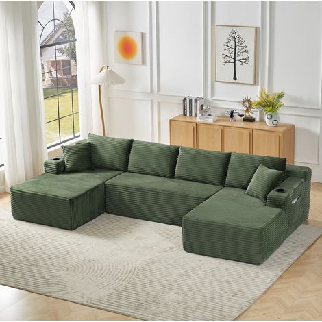 Divano modulare a U, design minimalista, senza montaggio, supporto ergonomico, velluto a coste verde (1/5)