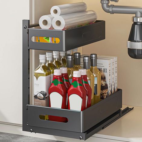 Under-Sink Kitchen Storage Drawer Black 2 Tier Metal Under Sink Shelf with 4 Hooks Spice Rack Organizer Under Sink Bathroom Adjustable Height (1/5)