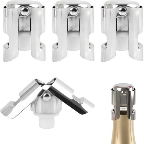 Set mit 4 Champagnerverschlüssen aus Edelstahl, blasenfrei dank lebensmittelechtem Silikon, wiederverwendbar, für Champagner und Sekt, langlebiger, luftdichter Verschluss, leicht zu reinigen (1/5)