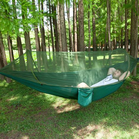 Hamac double ou simple avec moustiquaire pour camping et voyage, lit suspendu portable, vert foncé (1/5)