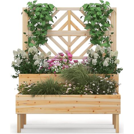 GOPLUS 2 en 1 Jardinière Surélevée avec Treillis en Bois à 2 Niveaux pour Vigne, Bac à Fleurs avec Trou de Drainage pour Légumes, Fruits, Herbes, Fleurs, pour Patio, Balcon, Terrasse (1/5)
