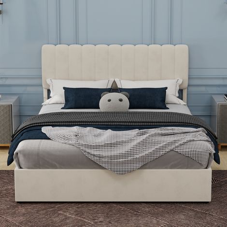 Lit coffre rembourré 160x200 beige minimaliste hydraulique confort sans matelas