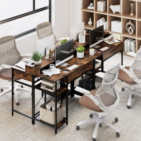 Computer Desk with Top Shelf, Drawer, and 2-Tier Shelf Writing and Study Desk with Sturdy Brown Metal Frame (1/5)