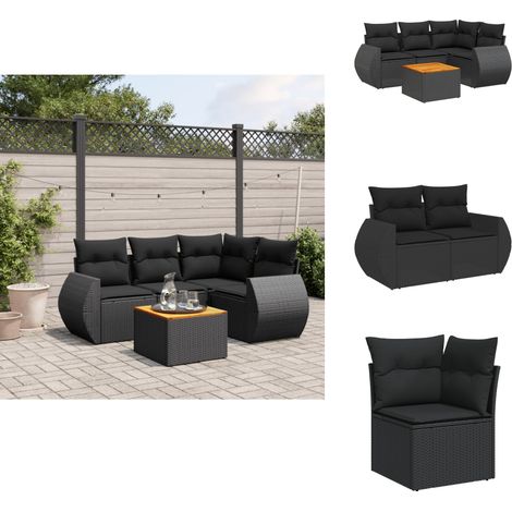 Salon de jardin 5 pcs avec coussins noir résine tressée - Ensemble Salon De Jardin - Meuble Extérieur - Résine Tressée - Rotin Synthétique - Mobilier De Jardin (1/5)