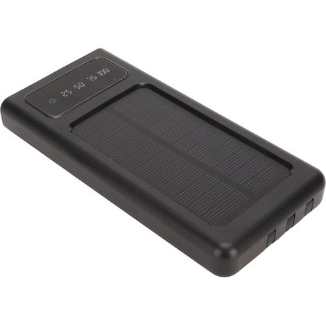 Batterie externe solaire portable 20 000 mAh avec indicateur de charge, double port de sortie et lampe torche intégrée (noire). (1/5)