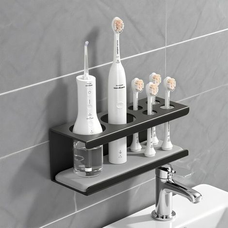 Support mural adhésif puissant pour brosses à dents électriques, 6 compartiments, noir. (1/5)