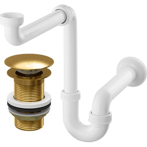 Siphon Évier Gain de Place PVC Blanc + Bonde Click-Clack Sans Trop-plein Laiton Chromé (1/4)