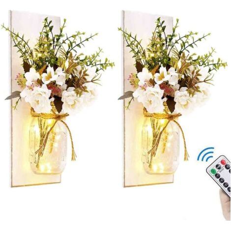 Appliques murales rustiques grises en bocaux Mason pour la décoration intérieure, bocaux Mason décoratifs et chics avec bande LED, hortensias en soie, crochets en fer pour la décoration de la maison e (1/5)