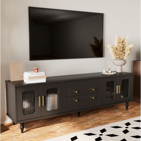 Mueble para TV de tablero de partículas negro 177x38x55,5 cm con puertas de vidrio estriado, cajones push-to-open y patas metálicas (1/5)