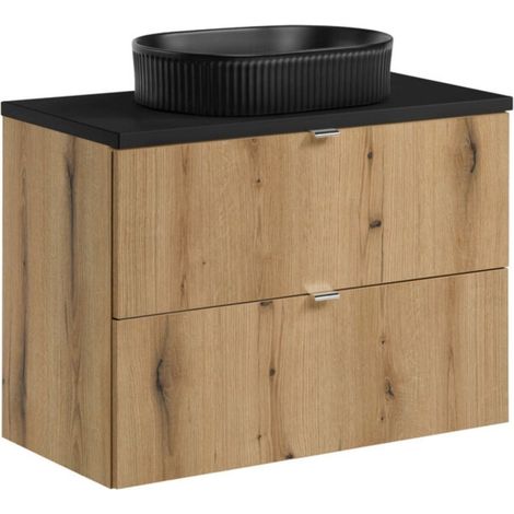Set VANO effetto quercia e nero 80cm: mobile sotto lavabo con cassetti + piano per lavabo + lavabo da appoggio nero scanalato