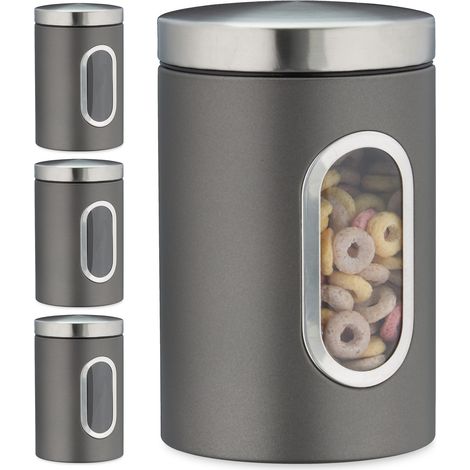 4 x Vorratsdose, 1,4 L, mit Deckel und Sichtfenster, für Kaffee, Mehl, Pasta, Aufbewahrungsdose Küche, Metall, grau (1/5)