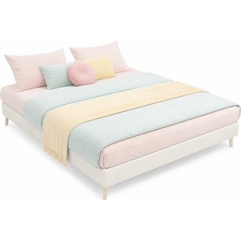Letto 140x200 cm in velluto beige, basso, stile moderno, senza testiera né materasso - CHICFURN (1/5)