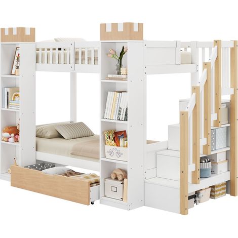 Lit Superposé 90 x 200 cm tiroir intégré barrière de sécurité escalier de rangement structure en bois blanc et naturel (1/5)
