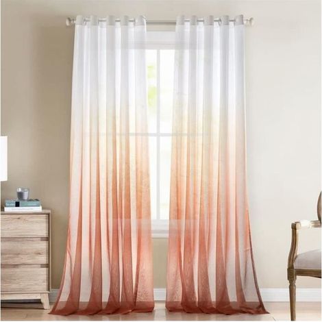2 transparente Gardinenpaneele, halbtransparent in Leinenoptik mit Ösen, Farbverlauf Weiß-Braun, 135 x 259 cm, Wohnzimmer, Schlafzimmer, Küche (1/5)