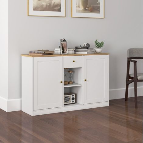 Credenza 120x35x75.2 cm, con cassetto, 2 ante e 2 ripiani aperti, truciolare effetto legno, bianco (1/5)