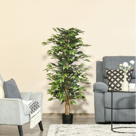 Ficus artificiale 150 cm verde con vaso nero, 1008 foglie realistiche (1/5)
